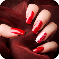 Red manicured nails with white floral accent design