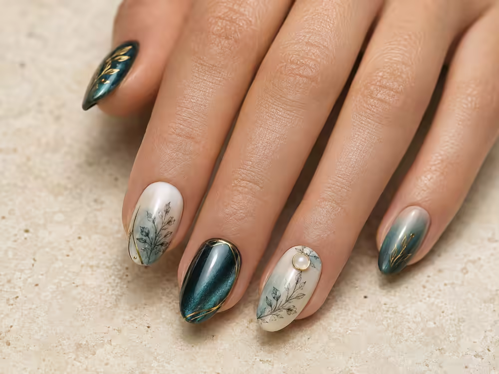 Detailed botanical nail art with deep teal chrome, ivory ombré and brass accents